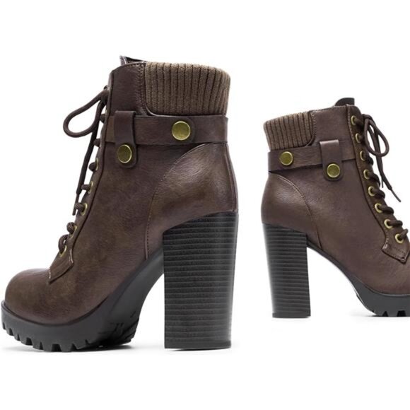 Womens Lace Up Ankle Boots High Chunky Heel Heeled Booties Fashion Vegan Shoes - Picture 5 of 7